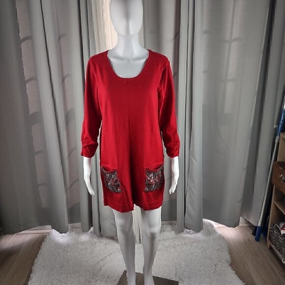 Alfani Red Ruched 3/4 Sleeve Beaded Front Cotton Blend Tunic Sweater Size Large - Picture 2 of 11